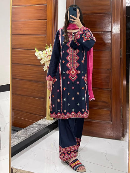 Premium 3-Piece Embroidered Cotton Suit