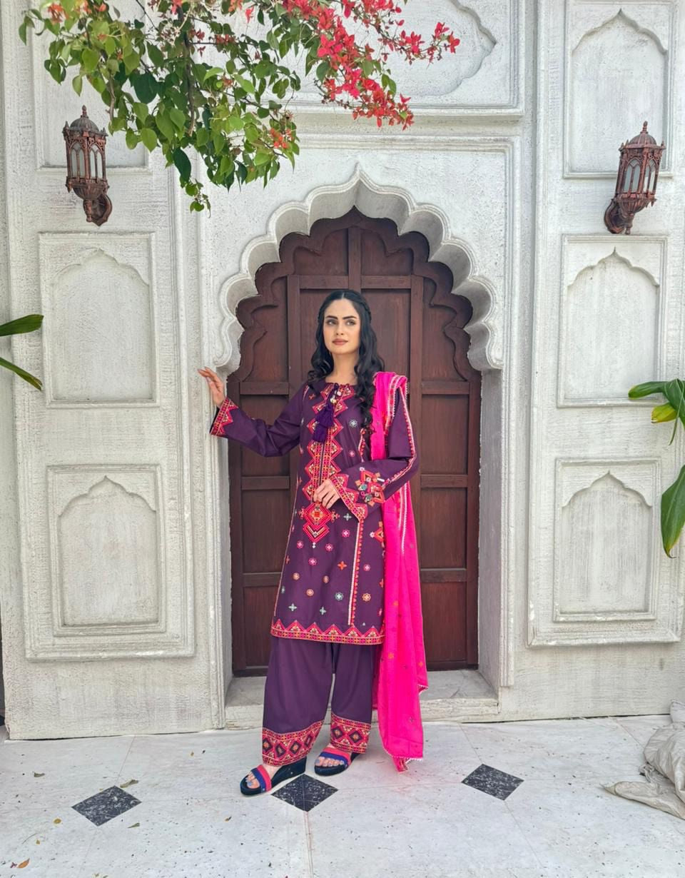 Premium 3-Piece Embroidered Cotton Suit