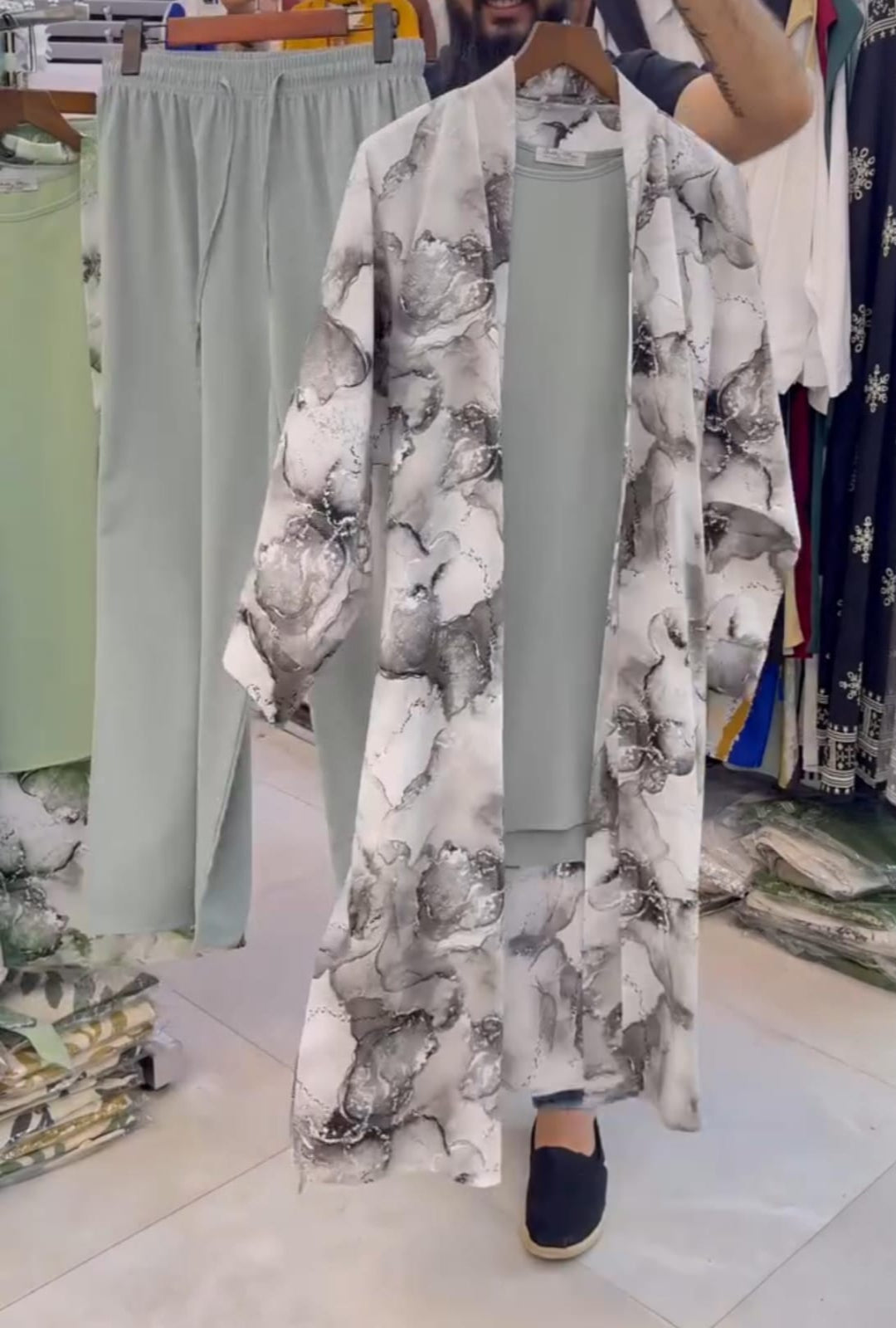 Trendy Long Shrug + Inner + Plazo Set