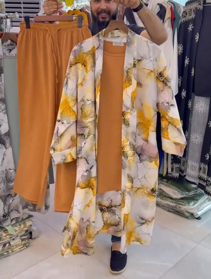 Trendy Long Shrug + Inner + Plazo Set