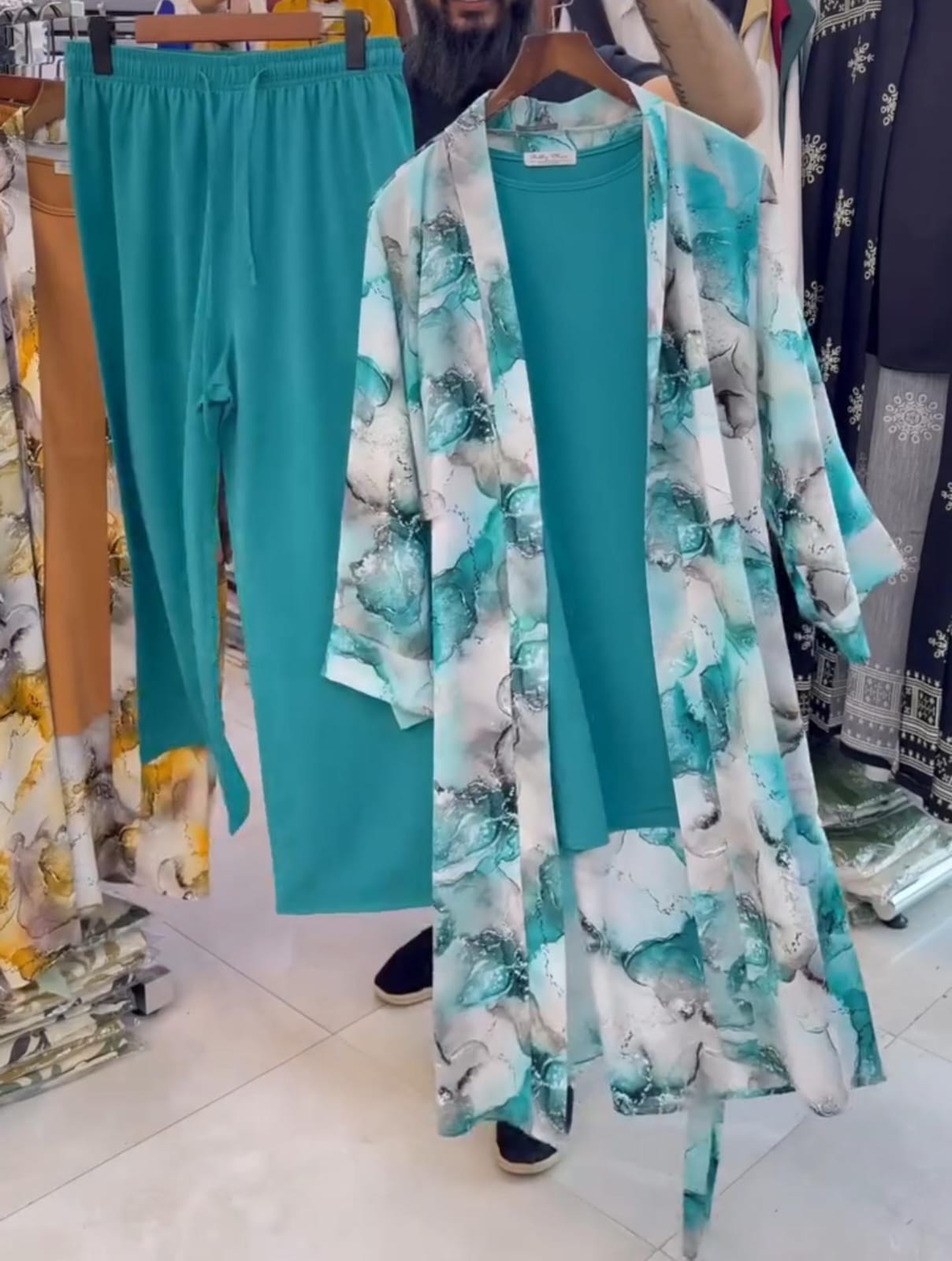 Trendy Long Shrug + Inner + Plazo Set