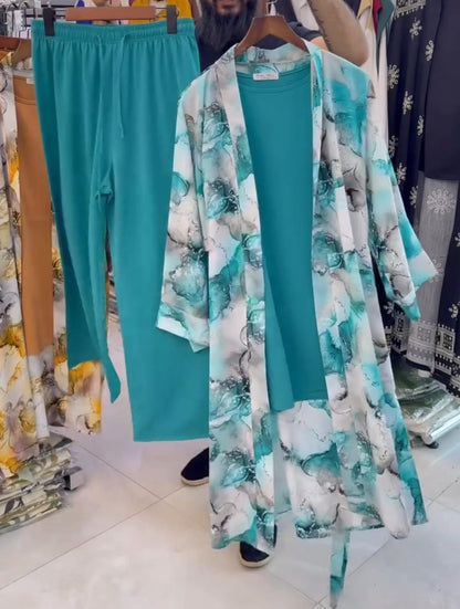 Trendy Long Shrug + Inner + Plazo Set