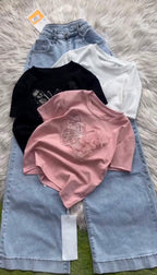 Butterfly Embellished Girls' T-Shirt with Denim Culottes Set
