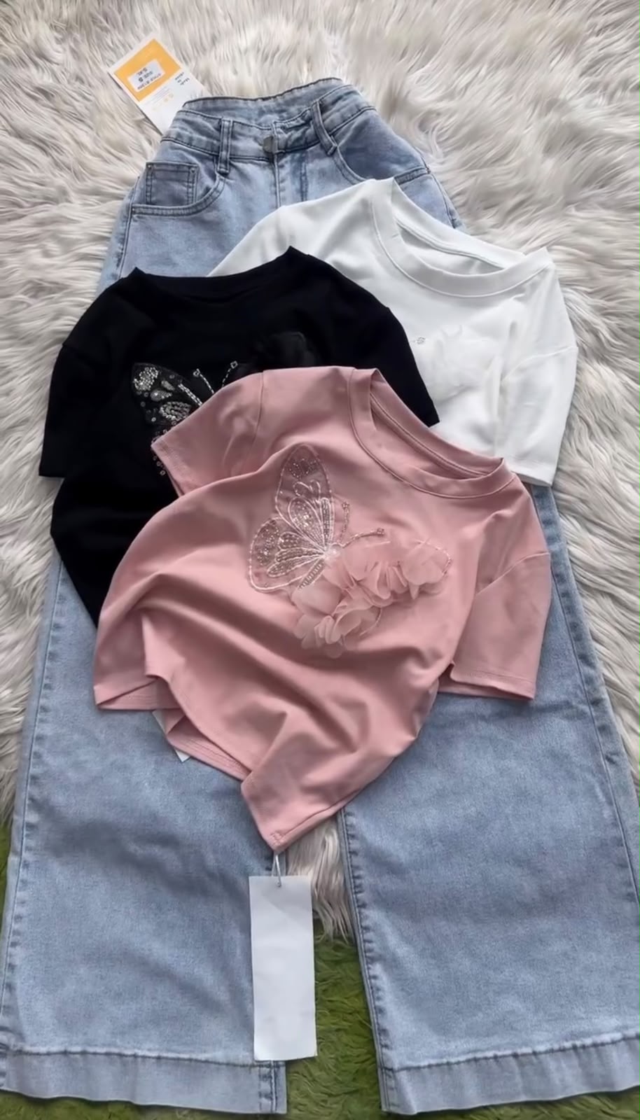 Butterfly Embellished Girls' T-Shirt with Denim Culottes Set