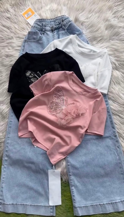 Butterfly Embellished Girls' T-Shirt with Denim Culottes Set
