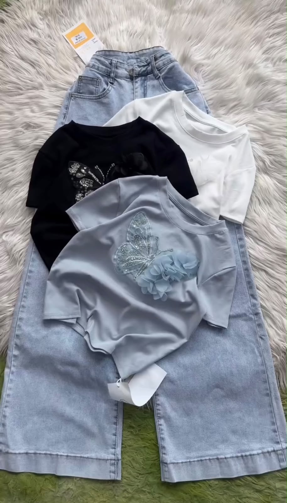Butterfly Embellished Girls' T-Shirt with Denim Culottes Set