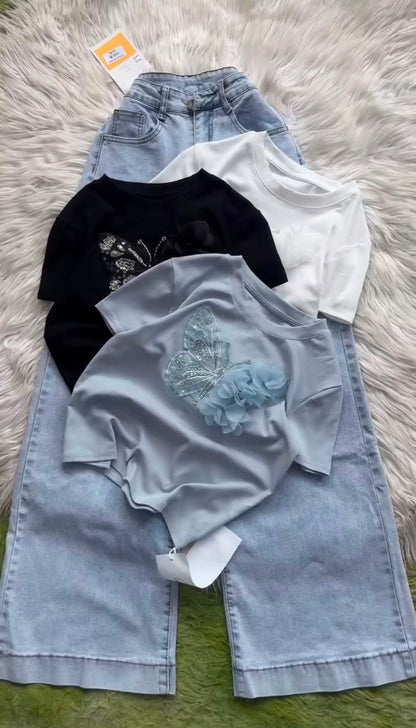 Butterfly Embellished Girls' T-Shirt with Denim Culottes Set