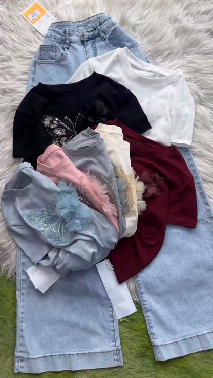 Butterfly Embellished Girls' T-Shirt with Denim Culottes Set