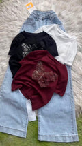 Butterfly Embellished Girls' T-Shirt with Denim Culottes Set