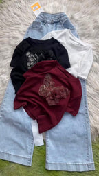 Butterfly Embellished Girls' T-Shirt with Denim Culottes Set