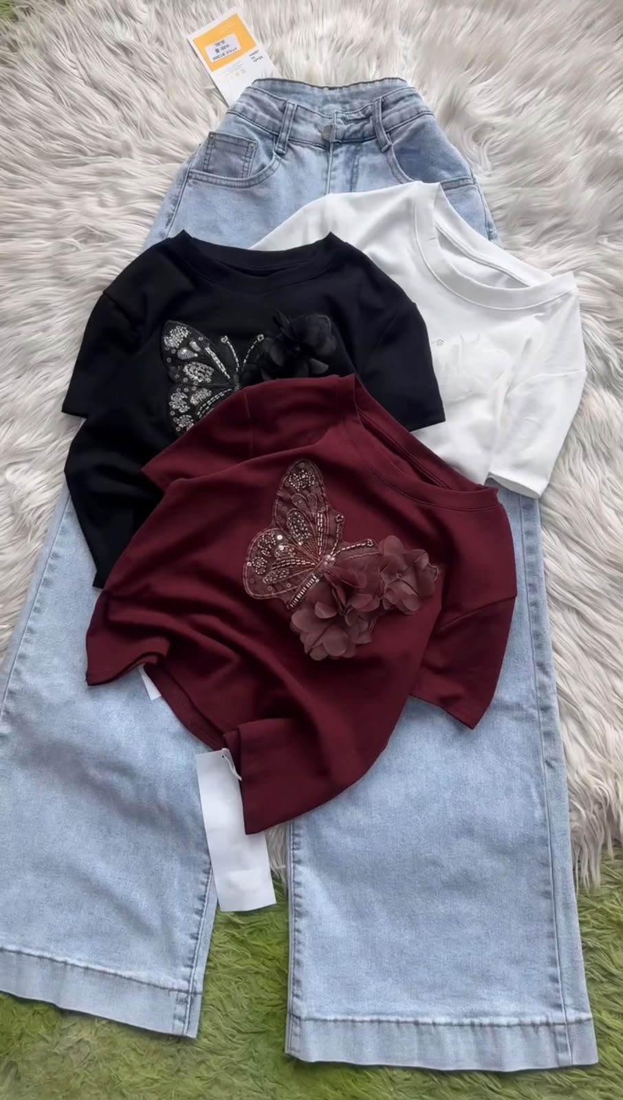 Butterfly Embellished Girls' T-Shirt with Denim Culottes Set